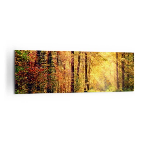 Impression sur toile - Image sur toile - Un chemin forestier entouré d'arbres dorés et verts - 160x50cm - Silence d'or en forêt - Décoration murale moderne pour le salon et la chambre ARTTOR