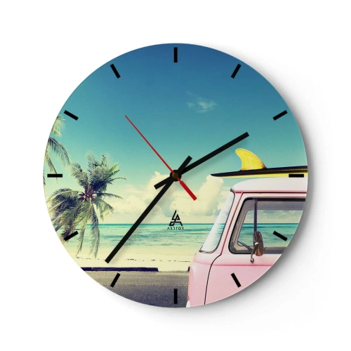 Horloge murale - Pendule murale - Van rose avec planche de surf sur la plage - 30x30cm - Il est temps de commencer les vacances - Décoration murale moderne pour le salon, la cuisine et la chambre ARTTOR