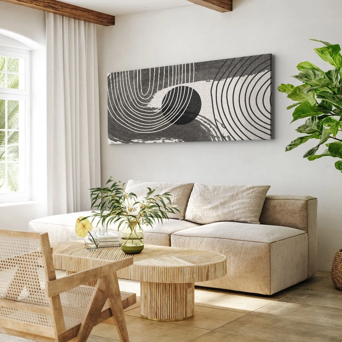 Impression sur toile - Image sur toile - Lignes géométriques et ovales dans des tons monochromes - 160x50cm - L'ovale gagne - Décoration murale moderne pour le salon et la chambre ARTTOR