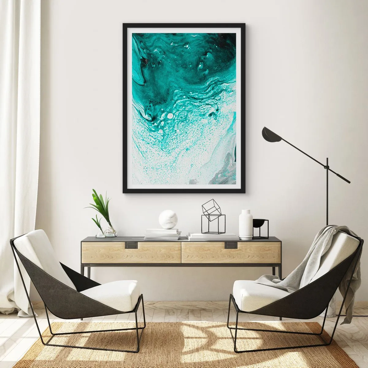 Affiche dans un cadre noir - Poster - Motif abstrait en turquoise et blanc - 50x70cm - Se fondre dans le bleu et le turquoise - Décoration murale moderne pour le salon et la chambre ARTTOR