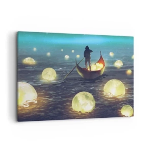 Impression sur toile - Image sur toile - Une silhouette dans un bateau entourée de boules lumineuses sur l'eau - 100x70cm - Des choses dont les philosophes n'ont jamais rêvé - Décoration murale moderne pour le salon et la chambre ARTTOR