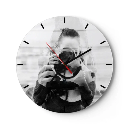 Horloge murale - Pendule murale - Femme avec un appareil photo dans une double exposition artistique - 30x30cm - Créateur et matériel - Décoration murale moderne pour le salon, la cuisine et la chambre ARTTOR