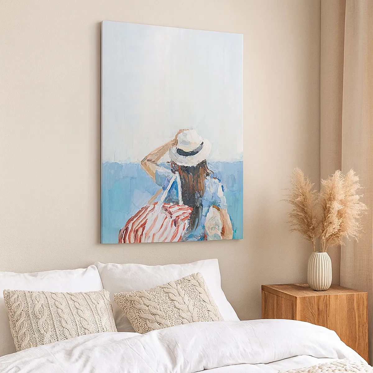 Impression sur toile - Image sur toile - Une femme avec un chapeau contre la mer bleue - 50x70cm - Bienvenue à vos vacances - Décoration murale moderne pour le salon et la chambre ARTTOR