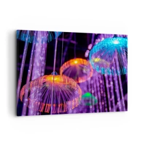 Impression sur toile - Image sur toile - Méduses lumineuses colorées dans un environnement sombre - 100x70cm - Fontaine lumineuse - Décoration murale moderne pour le salon et la chambre ARTTOR