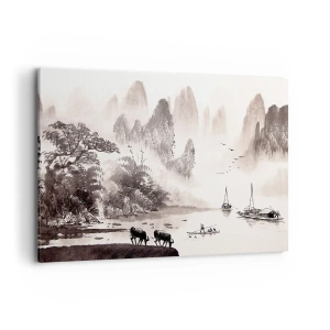 Impression sur toile - Image sur toile - Un paysage pittoresque de style asiatique avec des montagnes brumeuses - 100x70cm - Le quotidien exotique de l'Orient - Décoration murale moderne pour le salon et la chambre ARTTOR