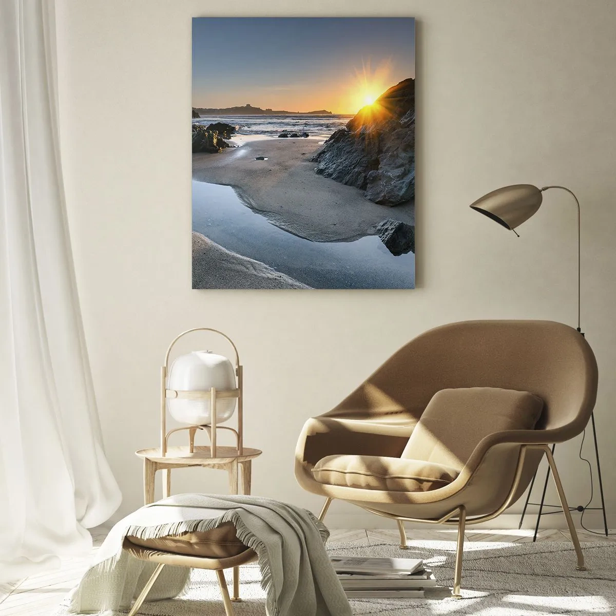 Impression sur verre - Image sur verre - Plage au lever du soleil avec des rochers et de l'eau pittoresques - 50x70cm - Intouché par la main de l'homme - Décoration murale moderne pour le salon et la chambre ARTTOR