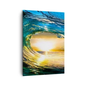 Impression sur toile - Image sur toile - Vague de l'océan au soleil avec vue sur l'horizon - 50x70cm - Dans un éclat émeraude-or - Décoration murale moderne pour le salon et la chambre ARTTOR