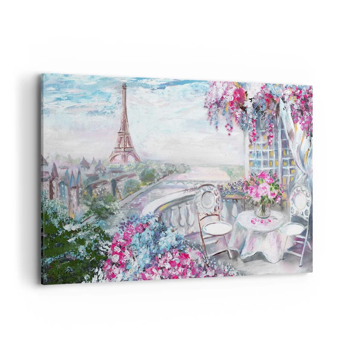 Impression sur toile - Image sur toile - Une vue romantique de Paris avec la Tour Eiffel et un balcon rempli de fleurs - 120x80cm - C'est le plus beau ici en mai - Décoration murale moderne pour le salon et la chambre ARTTOR