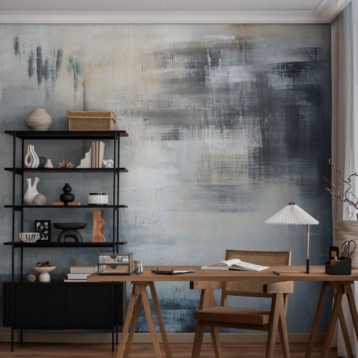 Papier Peint Photo Standard Eco - Composition abstraite dans les tons de bleu et de gris - 100x70cm - Derrière le rideau bleu - Décoration murale moderne pour le salon et la chambre ARTTOR