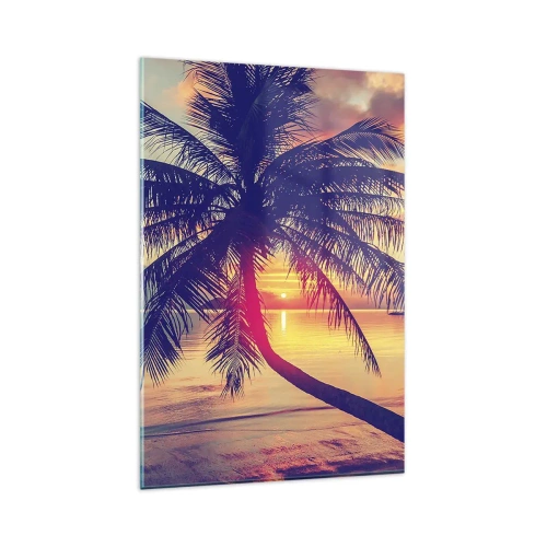 Impression sur verre - Image sur verre - Coucher de soleil avec un palmier sur un rivage tranquille - 80x120cm - Soirée sous les palmiers - Décoration murale moderne pour le salon et la chambre ARTTOR