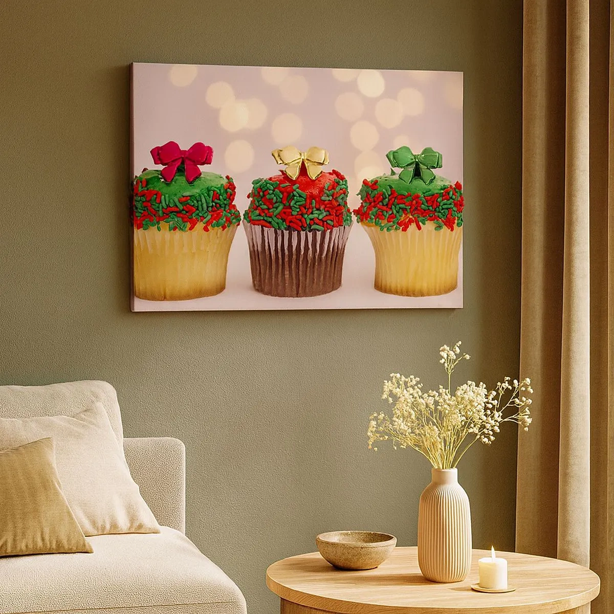 Impression sur toile - Image sur toile - Cupcakes de Noël avec des paillettes et des nœuds colorés - 70x50cm - Une sucrerie après la cocarde - Décoration murale moderne pour le salon et la chambre ARTTOR