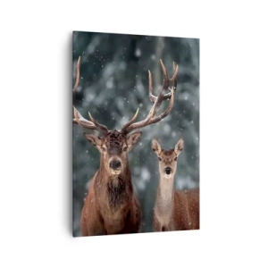 Impression sur toile - Image sur toile - Cerf dans une forêt d'hiver enneigée - 70x100cm - Le roi de la forêt avec sa femme - Décoration murale moderne pour le salon et la chambre ARTTOR