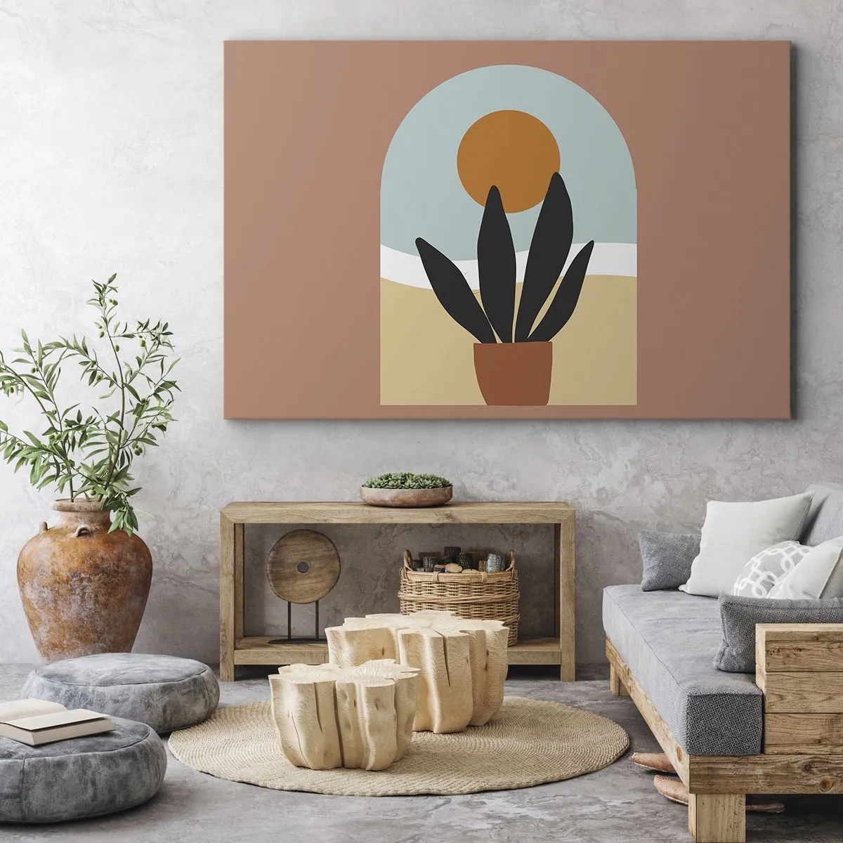 Impression sur toile - Image sur toile - Une plante noire dans un pot contre le soleil - 70x50cm - Petits bonheurs - Décoration murale moderne pour le salon et la chambre ARTTOR