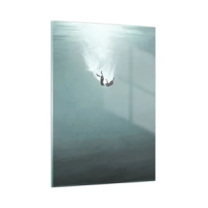 Impression sur verre - Image sur verre - La silhouette d'un homme immergé dans les profondeurs bleues de l'océan - 50x70cm - Dans les bras de l'océan - Décoration murale moderne pour le salon et la chambre ARTTOR