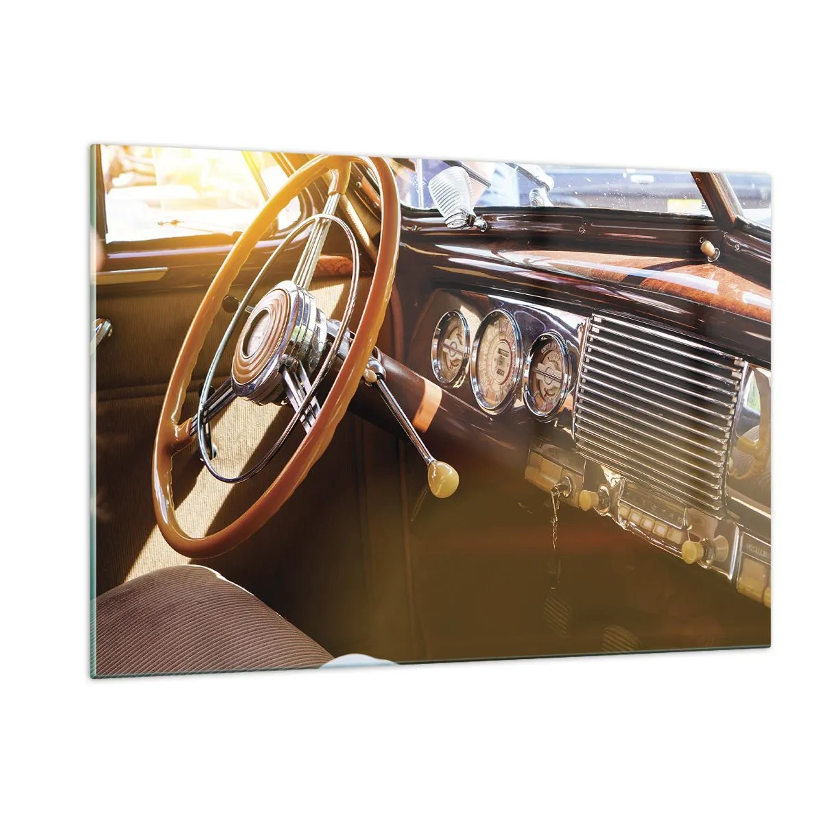 Impression sur verre - Image sur verre - Intérieur d'une voiture ancienne avec un volant en bois - 120x80cm - Souffle de luxe venu du passé - Décoration murale moderne pour le salon et la chambre ARTTOR