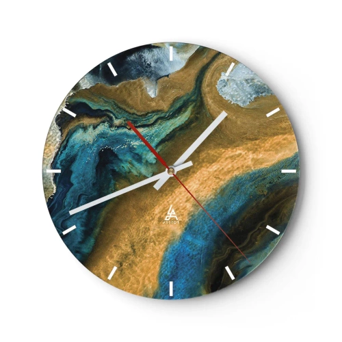 Horloge murale - Pendule murale - Motif abstrait dans les tons de bleu et d'or - 30x30cm - Bleu - jaune - influences mutuelles - Décoration murale moderne pour le salon, la cuisine et la chambre ARTTOR