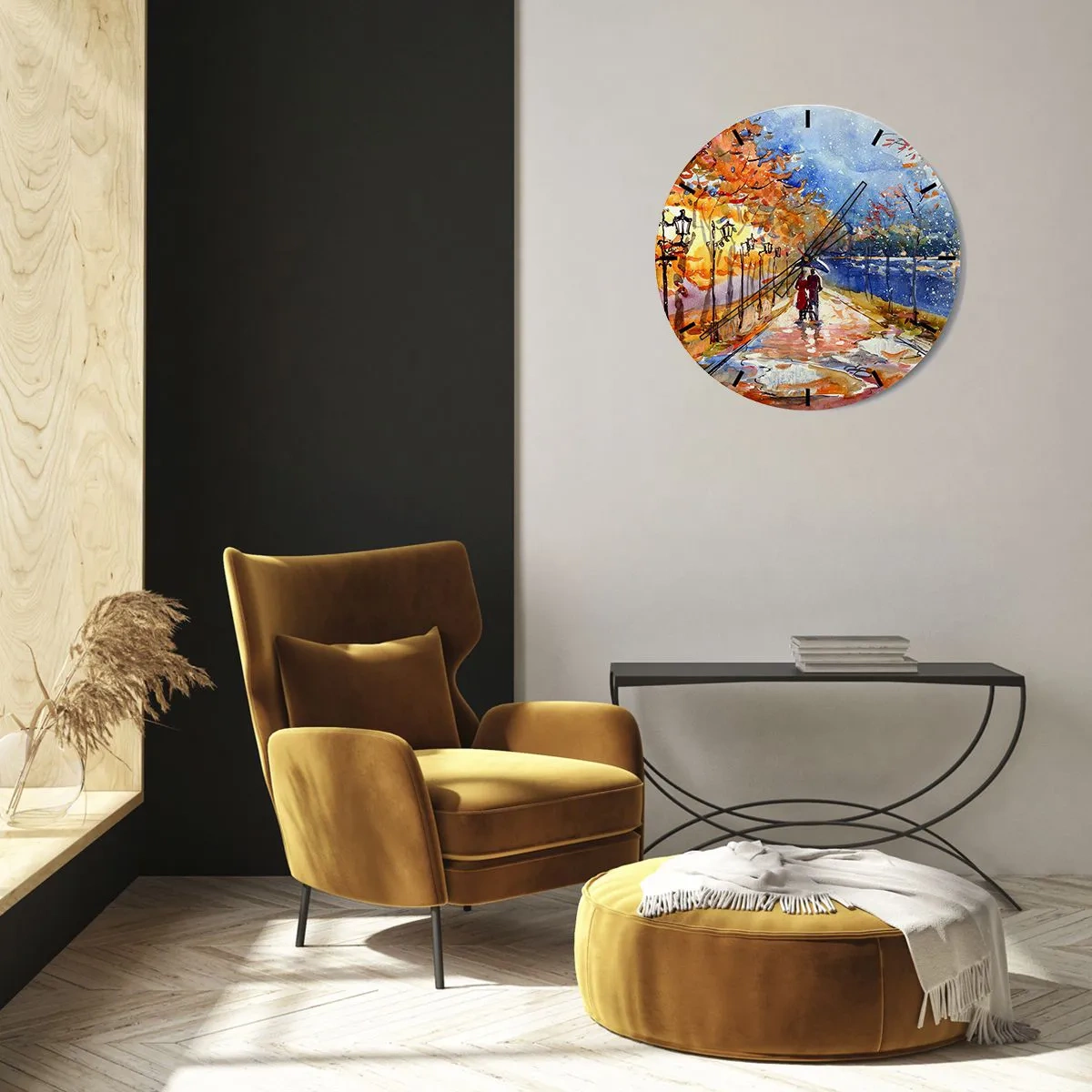 Horloge murale - Pendule murale - Parc d'automne avec une allée, des lanternes et un couple qui se promène - 30x30cm - Ensemble jusqu'au bout du temps - Décoration murale moderne pour le salon, la cuisine et la chambre ARTTOR