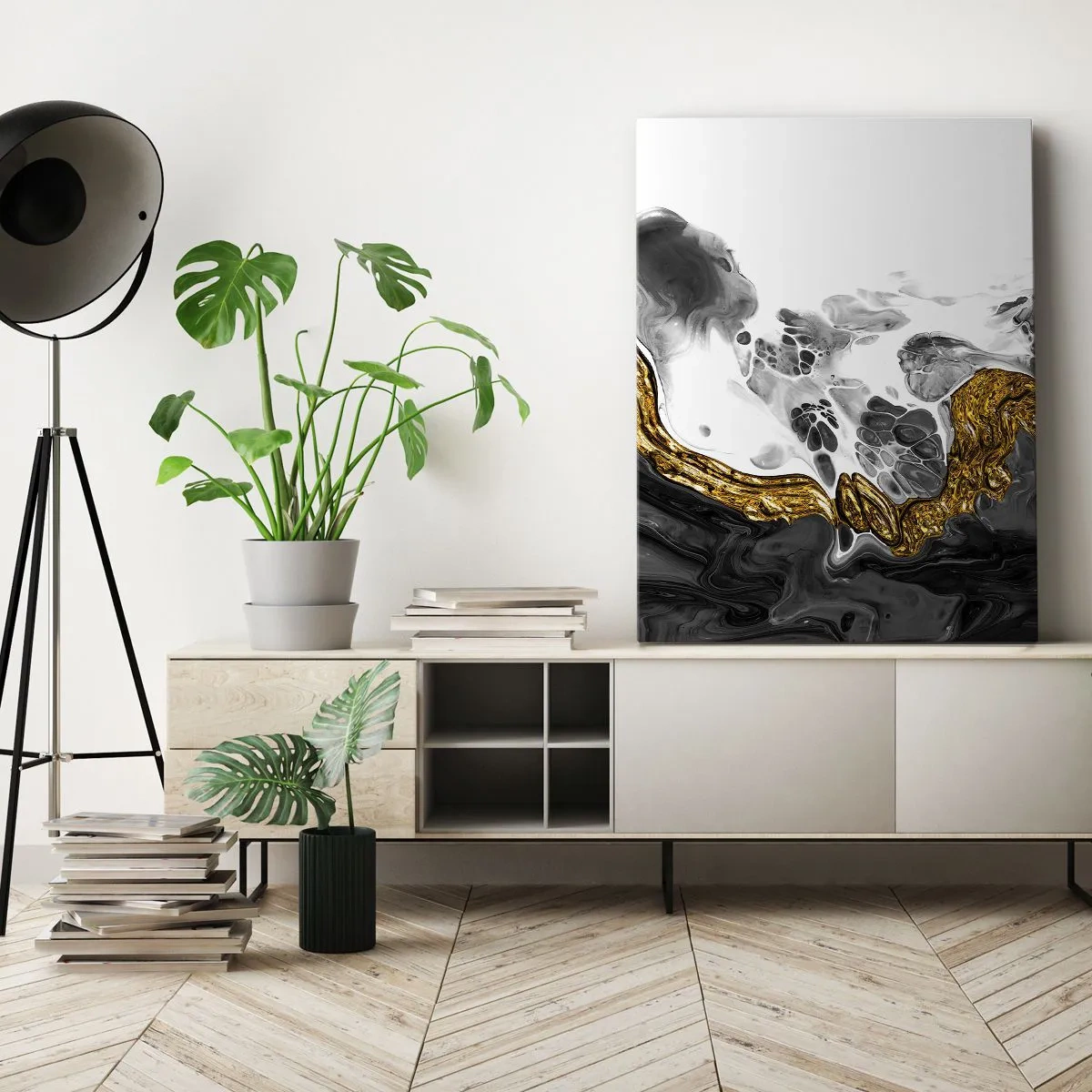Impression sur toile - Image sur toile - Une composition abstraite avec des accents d'or et de noir. - 70x100cm - Composition organique - Décoration murale moderne pour le salon et la chambre ARTTOR