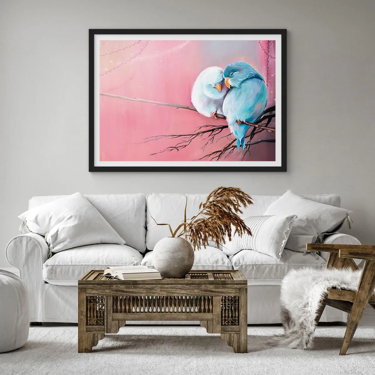 Affiche dans un cadre noir - Poster - Deux oiseaux amoureux sur une branche sur fond rose - 70x50cm - Que dire de plus?... - Décoration murale moderne pour le salon et la chambre ARTTOR