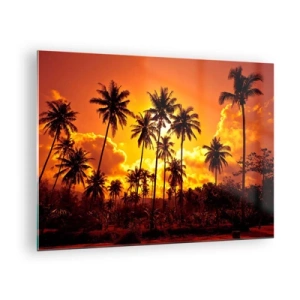 Impression sur verre - Image sur verre - Palmiers sur fond de coucher de soleil flamboyant - 70x50cm - Montagnes en feu, forêts en feu - Décoration murale moderne pour le salon et la chambre ARTTOR
