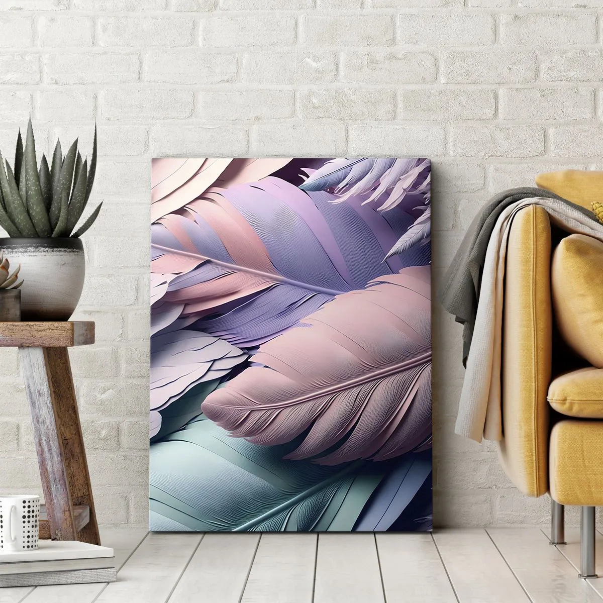 Impression sur toile - Image sur toile - Plumes colorées dans des tons pastel sur un fond clair - 70x100cm - Oiseau chic - Décoration murale moderne pour le salon et la chambre ARTTOR