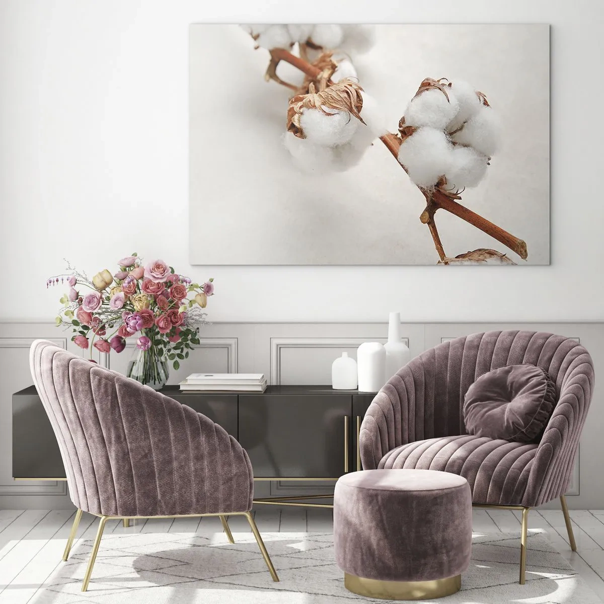 Impression sur verre - Image sur verre - Gros plan d'une branche de coton sur un fond clair - 120x80cm - Seulement caliner - Décoration murale moderne pour le salon et la chambre ARTTOR