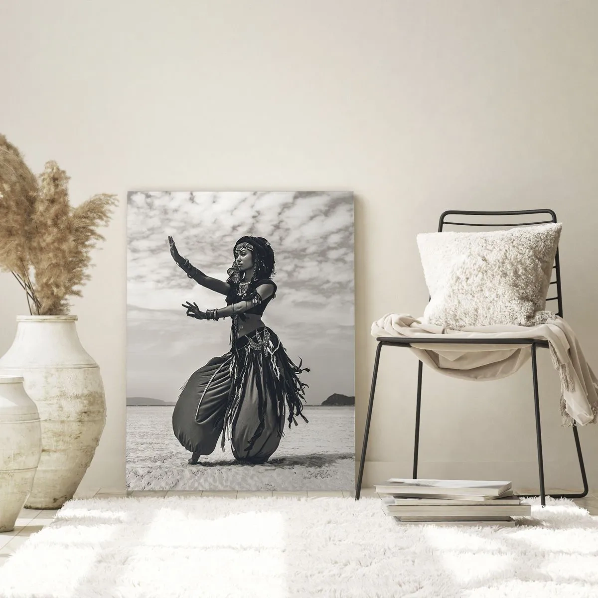 Impression sur verre - Image sur verre - Photographie en noir et blanc d'une danseuse dans le désert - 50x70cm - Danse des îles du sud - Décoration murale moderne pour le salon et la chambre ARTTOR