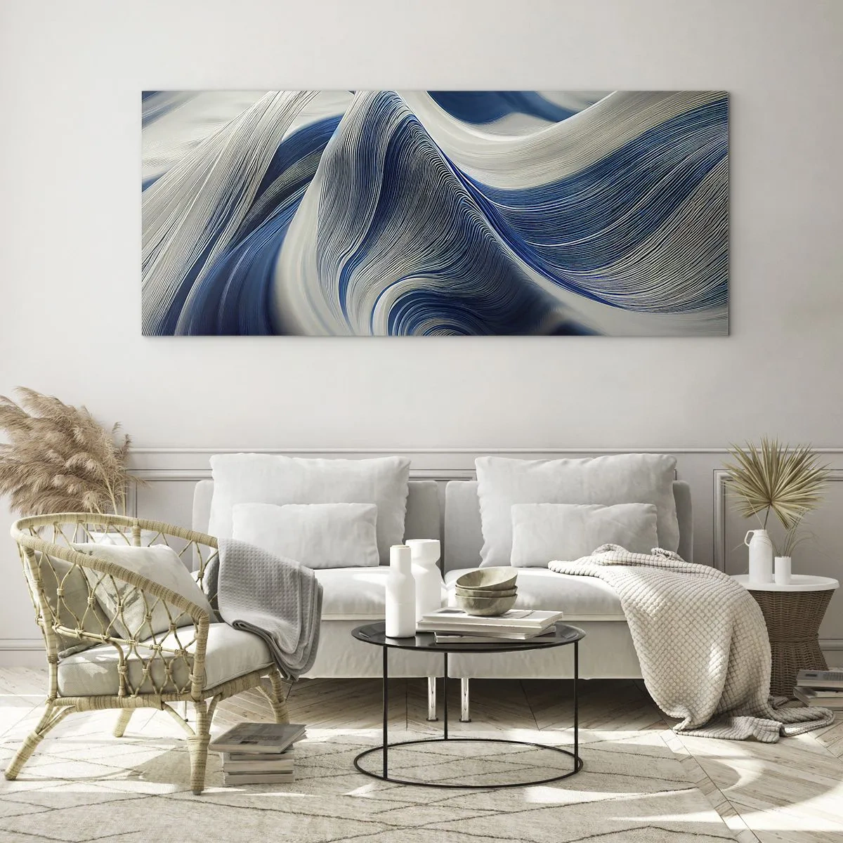 Impression sur verre - Image sur verre - Vagues abstraites dans des tons de bleu et de blanc - 140x50cm - La fluidité du bleu et du blanc - Décoration murale moderne pour le salon et la chambre ARTTOR