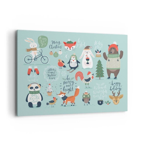 Impression sur toile - Image sur toile - Illustration de Noël d'animaux dans une ambiance hivernale - 100x70cm - Que ce soit toujours Noël ! - Décoration murale moderne pour le salon et la chambre ARTTOR