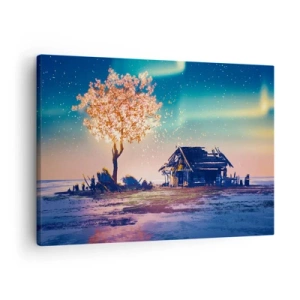 Impression sur toile - Image sur toile - Une maison et un arbre en fleurs sous le ciel nocturne - 70x50cm - La nature ne passe pas - Décoration murale moderne pour le salon et la chambre ARTTOR