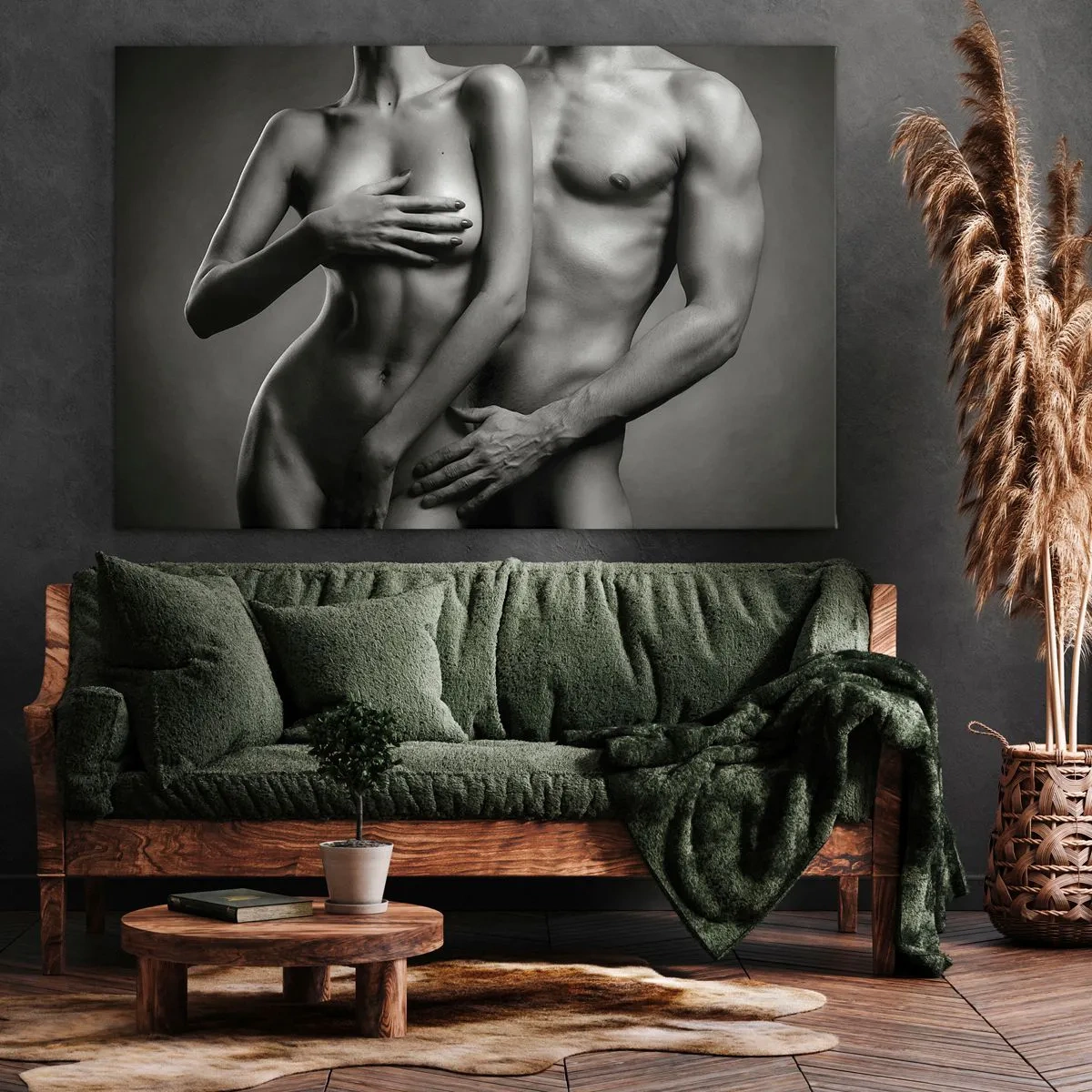 Impression sur toile - Image sur toile - Représentation en noir et blanc de corps féminins et masculins dans une pose artistique - 70x50cm - Adam et Eve - Décoration murale moderne pour le salon et la chambre ARTTOR