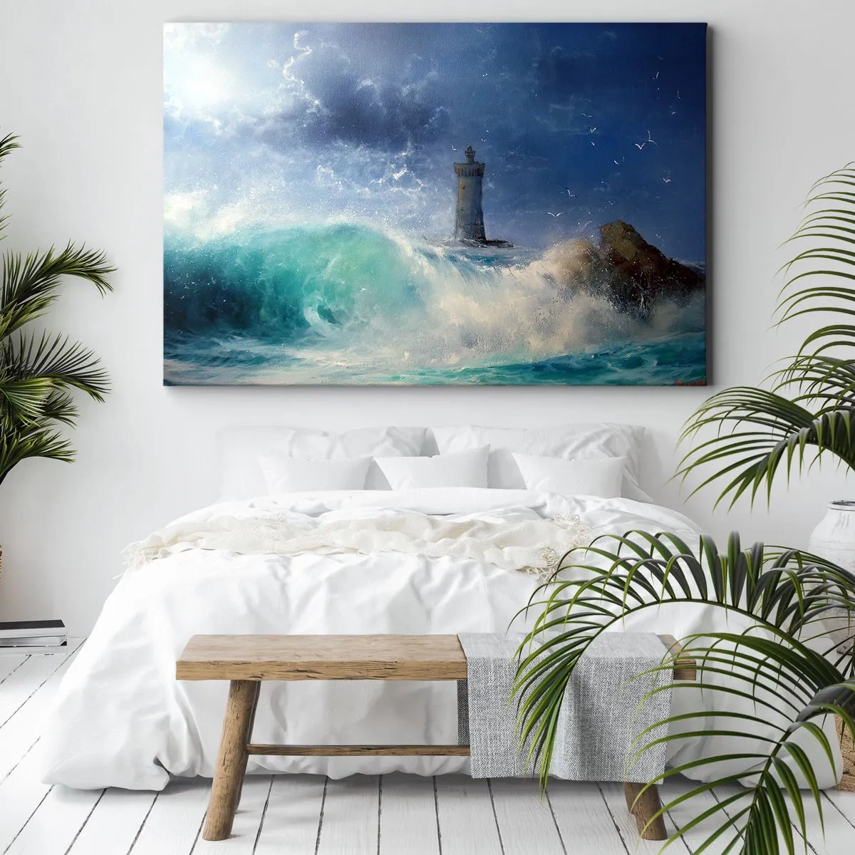 Impression sur toile - Image sur toile - Un phare entouré de vagues agitées et de nuages - 70x50cm - En garde contre les éléments - Décoration murale moderne pour le salon et la chambre ARTTOR