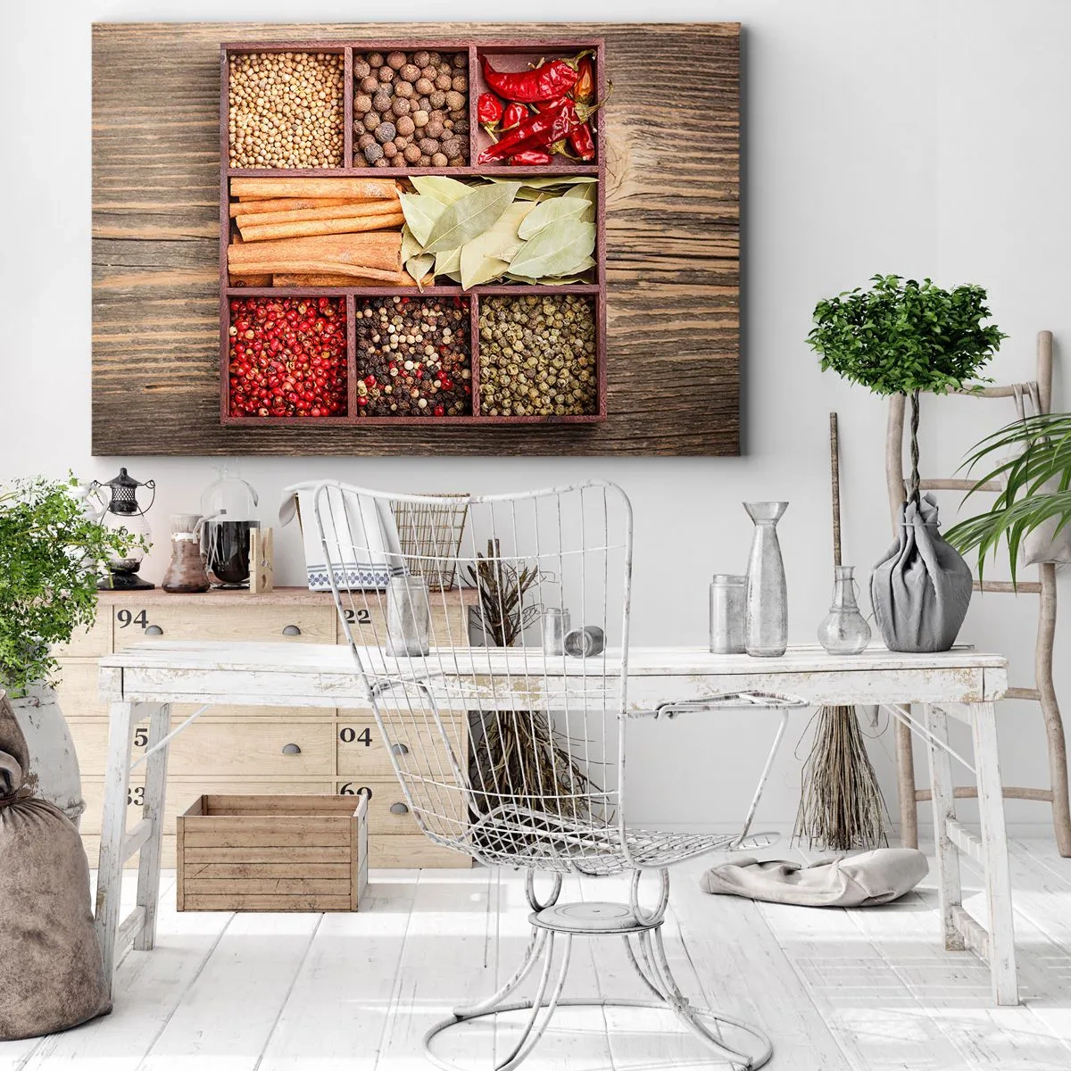 Impression sur toile - Image sur toile - Boîte en bois avec diverses épices dans des compartiments - 100x70cm - Ordre des formes, bouquet d'arômes - Décoration murale moderne pour le salon et la chambre ARTTOR
