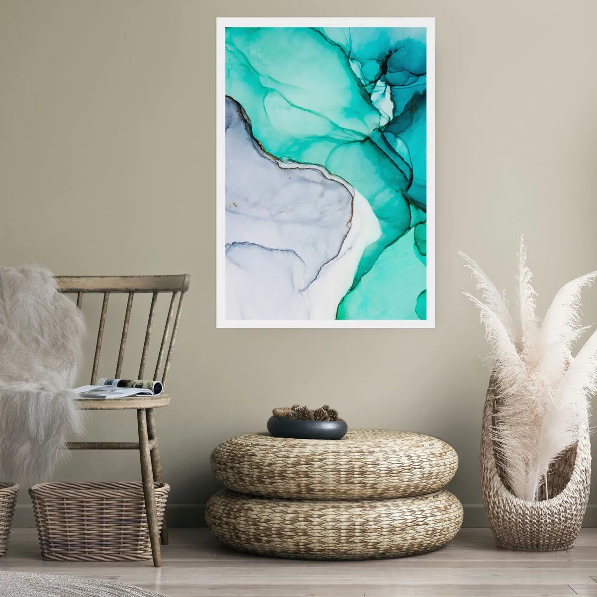 Affiche - Poster - Un motif abstrait dans des tons turquoise et gris, inspiré de la nature. - 50x70cm - Étude de turquoise - Décoration murale moderne pour le salon et la chambre ARTTOR