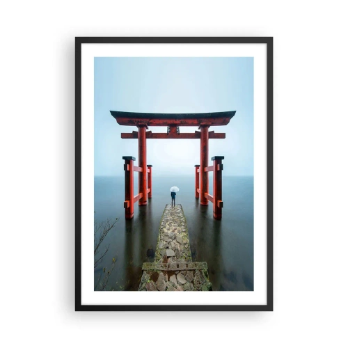 Affiche dans un cadre noir - Poster - Torii rouge sur fond d'eau calme et de ciel - 50x70cm - Rêverie japonnaise - Décoration murale moderne pour le salon et la chambre ARTTOR