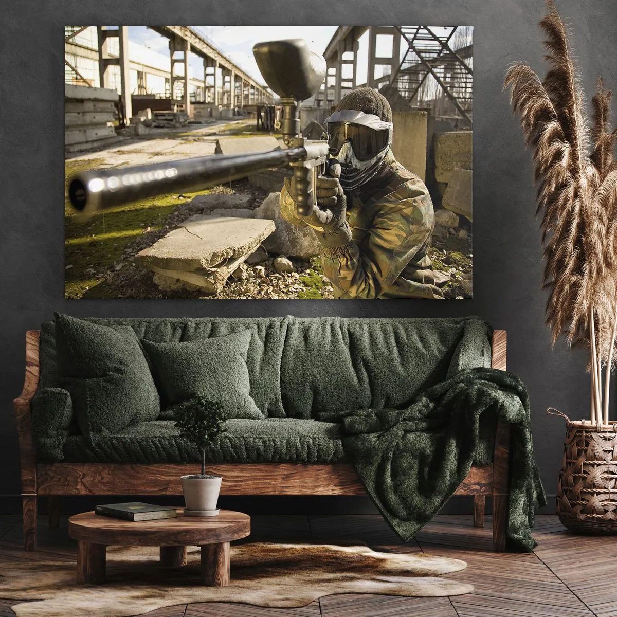 Impression sur toile - Image sur toile - Un joueur de paintball en tenue de camouflage visant un marqueur - 100x70cm - Et vous pouvez devenir un héros - Décoration murale moderne pour le salon et la chambre ARTTOR