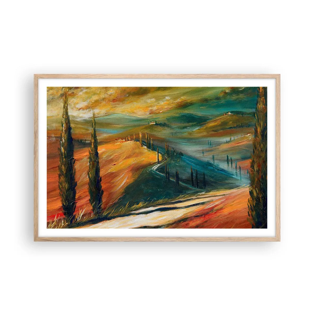 Affiche dans un chêne clair - Poster - paysage toscan - 91x61 cm
