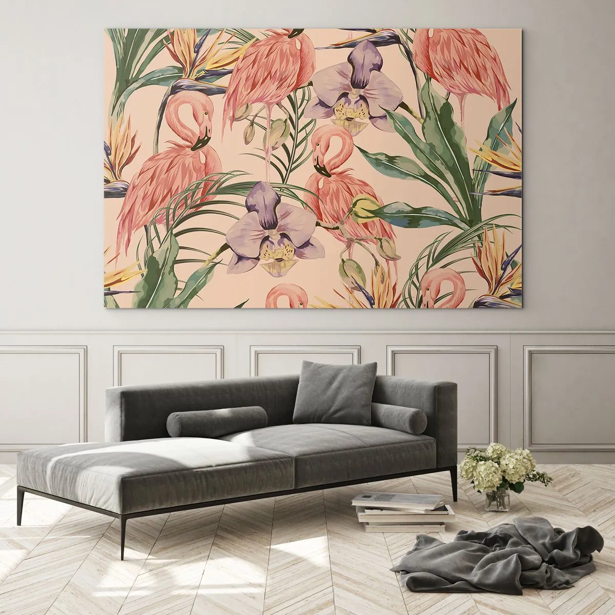 Impression sur verre - Image sur verre - Flamants roses entourés de fleurs et de plantes tropicales - 120x80cm - Ballet rose dans les fleurs - Décoration murale moderne pour le salon et la chambre ARTTOR