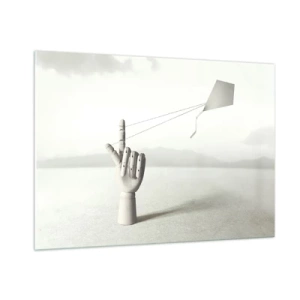 Impression sur verre - Image sur verre - Une main en bois tenant un cerf-volant flottant sur son doigt - 100x70cm - Épreuve de force - Décoration murale moderne pour le salon et la chambre ARTTOR