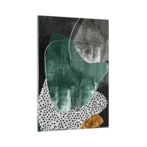 Impression sur verre - Image sur verre - Composition abstraite avec des formes vertes et des motifs à pois - 80x120cm - Abstraction colorée avec feuille d'or - Décoration murale moderne pour le salon et la chambre ARTTOR