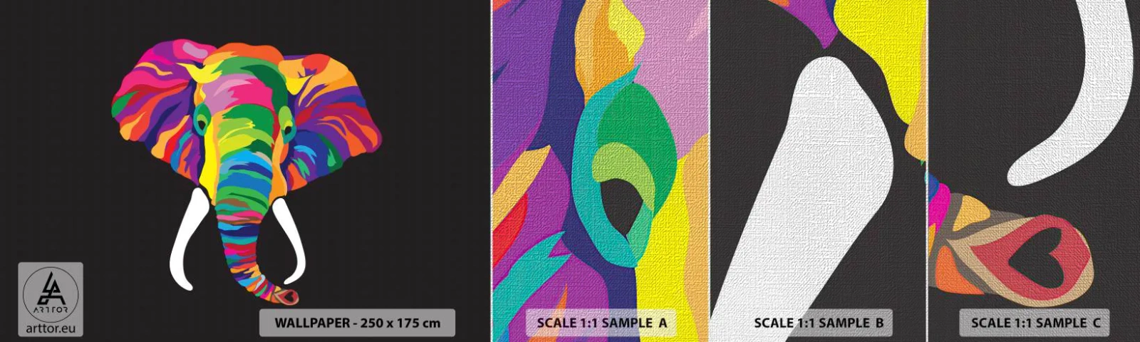 Échantillon de Papier Peint Premium Canvas - L'éléphant qui aimait se baigner dans un arc-en-ciel - Animaux, Éléphant, Image colorée - 100x30 cm