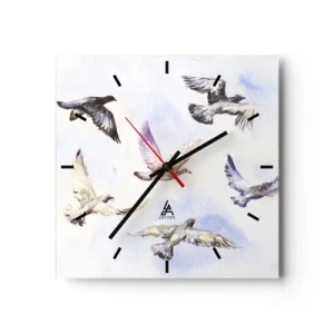 Horloge murale - Pendule murale - Oiseaux à l'aquarelle en vol sur un ciel délicat - 30x30cm - Liberté en gris et bleu - Décoration murale moderne pour le salon et la chambre ARTTOR