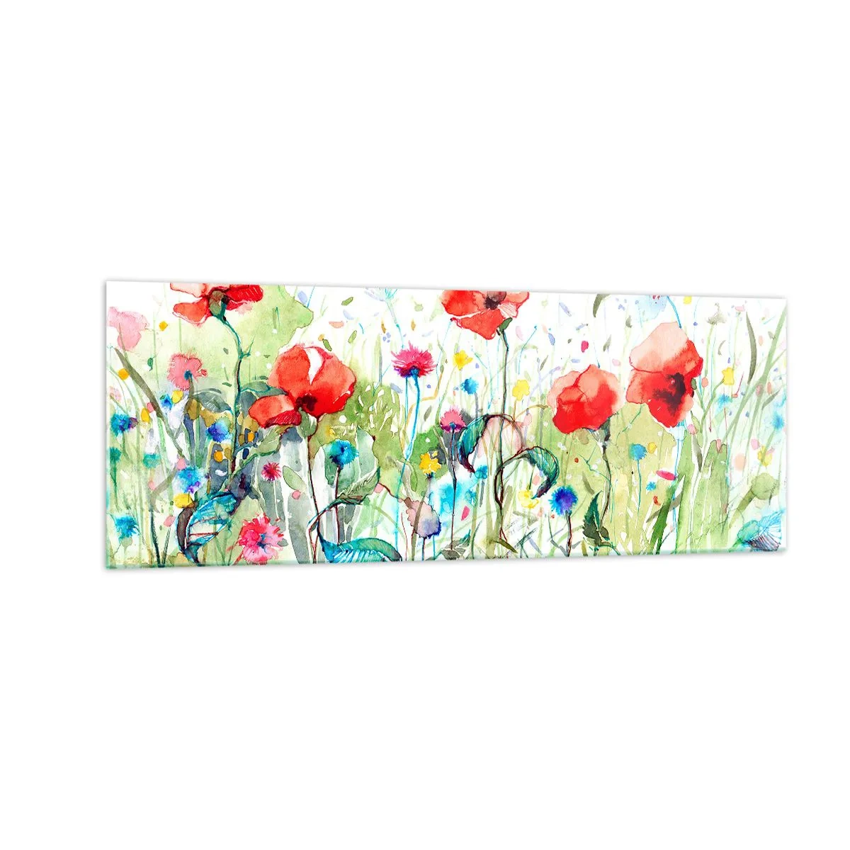 Impression sur verre - Image sur verre - Une prairie avec des coquelicots rouges et des fleurs colorées à l'aquarelle - 140x50cm - Prairie de fleurs en mai - Décoration murale moderne pour le salon et la chambre ARTTOR