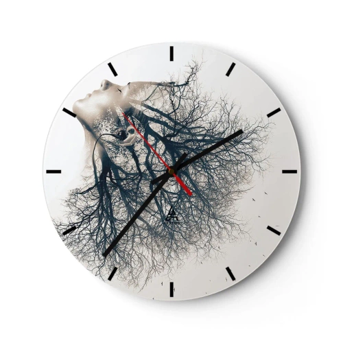 Horloge murale - Pendule murale - Silhouette artistique d'une femme avec une couronne d'arbre comme cheveux - 30x30cm - Écouter le murmure des arbres - Décoration murale moderne pour le salon, la cuisine et la chambre ARTTOR