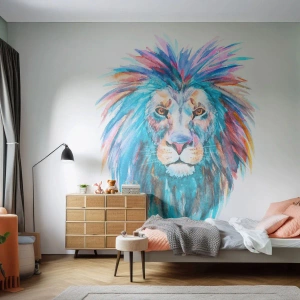 Papier Peint Photo Premium Canvas - Portrait à l'aquarelle d'un lion aux couleurs vives - 100x70cm - Aura électrique - Décoration murale moderne pour le salon et la chambre ARTTOR
