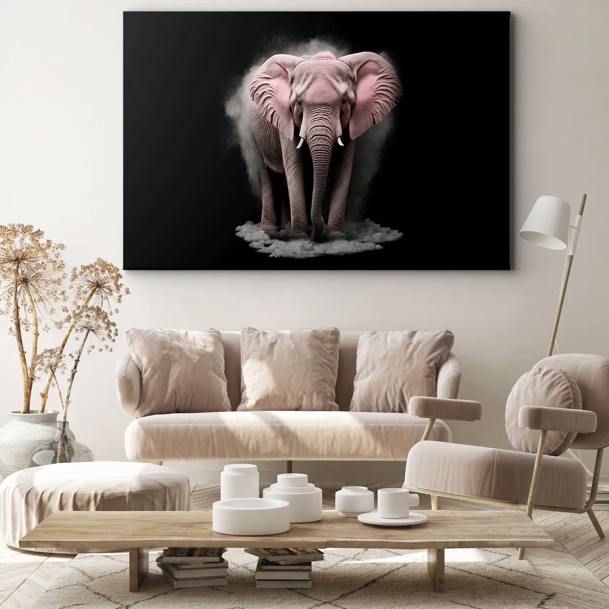 Impression sur toile - Image sur toile - Une interprétation artistique d'un éléphant rose sur fond noir - 100x70cm - Ne pensez pas à un éléphant rose ! - Décoration murale moderne pour le salon et la chambre ARTTOR