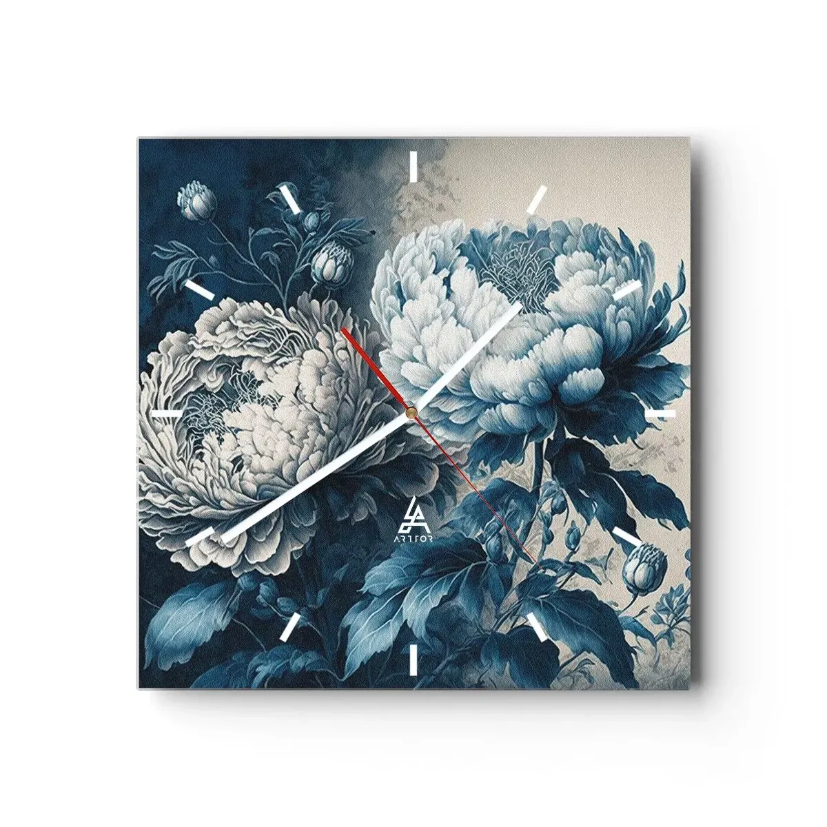 Horloge murale - Pendule murale - Pivoines bleues sur un fond subtil avec un motif délicat - 30x30cm - Paire assortie - Décoration murale moderne pour le salon et la chambre ARTTOR