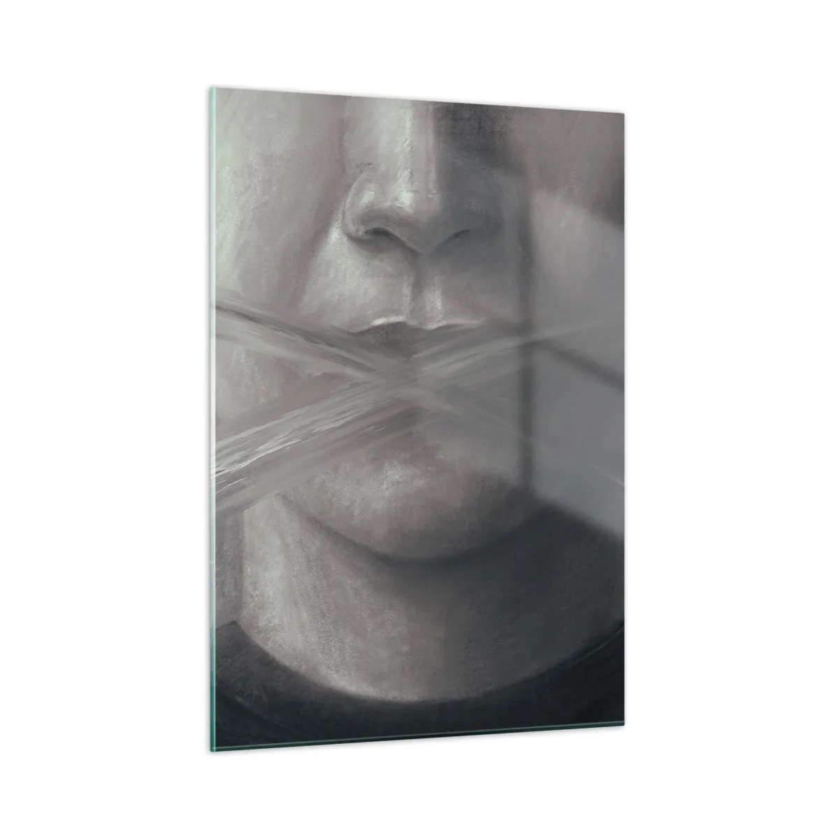 Impression sur verre - Image sur verre - Portrait d'une personne aux lèvres maculées dans des tons de gris - 50x70cm - Sans mot - Décoration murale moderne pour le salon et la chambre ARTTOR