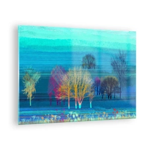 Impression sur verre - Image sur verre - Un paysage coloré avec des arbres sur un fond de tons bleus - 70x50cm - Un paysage soigné - Décoration murale moderne pour le salon et la chambre ARTTOR