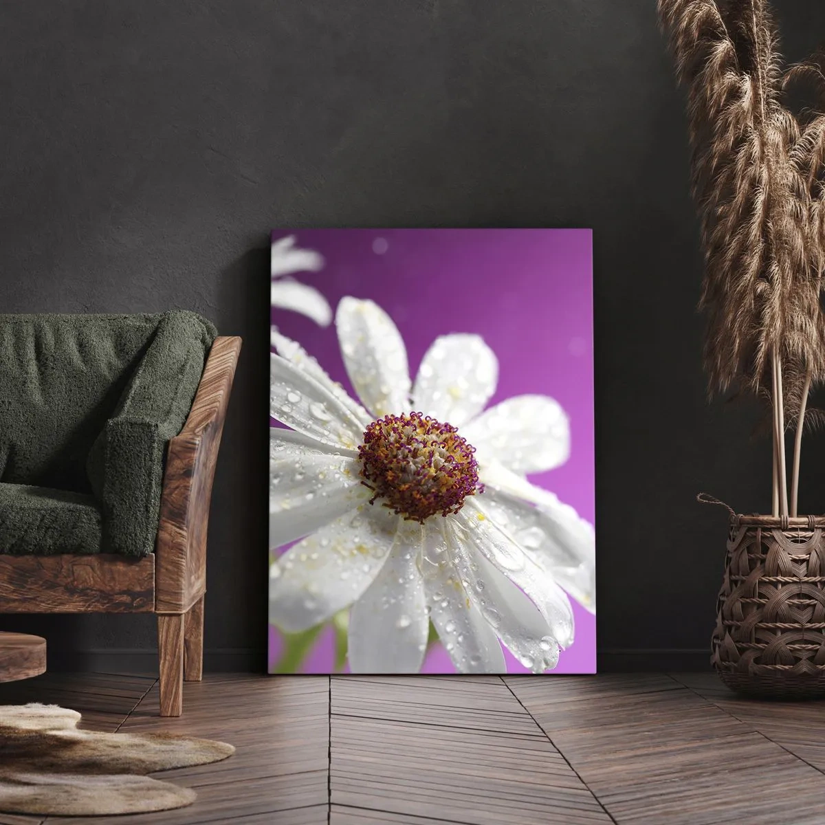 Impression sur toile - Image sur toile - Une marguerite blanche recouverte de gouttes d'eau sur un fond rose - 70x100cm - Modeste dans sa beauté - Décoration murale moderne pour le salon et la chambre ARTTOR